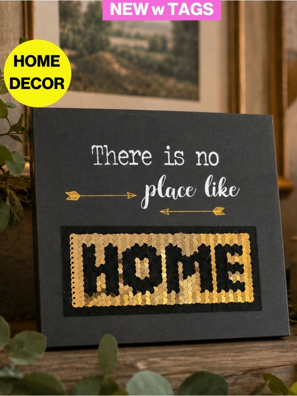 NEW w TAGS 🏷️  3/for $15 🍒 “There Is No Place Like Home” Sequins Wall Plaque